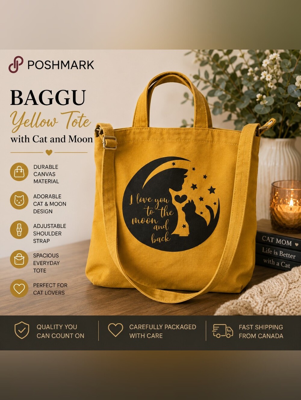BAGGU Yellow Tote with Cat and Moon Design